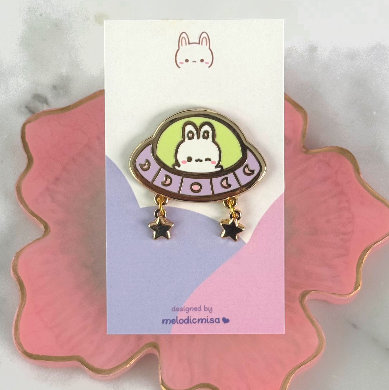 UFO Bunny Enamel Pin with Star Charms